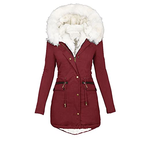 EMATOP Wintermantel Damen Warmer Lang Jacke Baumwolle Einfarbig Wanderjacke mit Kapuze Wintermantel Langarm Elegant Steppmantel Herbst Winter Outdoor Baumwolljacke Kuschelig Winterparka Mantel von EMATOP