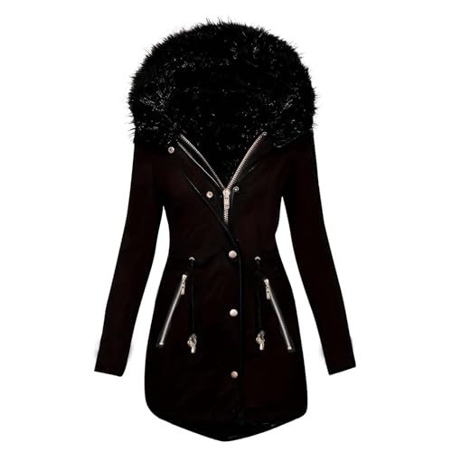 EMATOP Wintermantel Damen Warmer Lang Jacke Baumwolle Einfarbig Wanderjacke mit Kapuze Wintermantel Langarm Elegant Steppmantel Herbst Winter Outdoor Baumwolljacke Kuschelig Winterparka Mantel von EMATOP