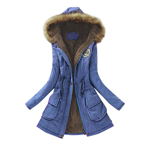 EMATOP Wintermantel Frauen Mantel Warme Winter Jacke Lange Mäntel Einfarbig Winterjacke mit Kapuze Windbreaker Gefüttert Teddyfell Dicker Fleecejacke Mode Outdoorjacke Slim fit Winterparka von EMATOP