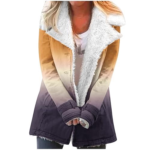 EMATOP Winterparka Damen Warm Jacke Lang Revers Fleecejacke Baumwolle Gefüttert Winterjacke Mode Farbverlauf Plüschjacke Knopfleiste Taschen Wintermantel mit Fellkapuze Mantel Herbstjacke von EMATOP