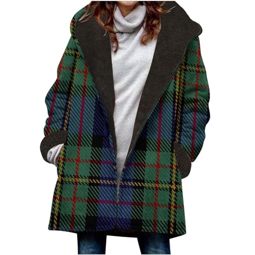 EMATOP Wollmantel Damen Winter Warm Jacke Lässiges Baumwolle Winterjacke mit Kapuze Pufferjacke Leichte Vintage Wintermantel Elegant Langarm Fleecejacke Kariertes Steppjacke Bomberjacke von EMATOP