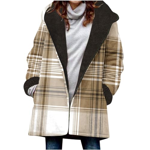 EMATOP Wollmantel Damen Winter Warm Jacke Lässiges Baumwolle Winterjacke mit Kapuze Pufferjacke Leichte Vintage Wintermantel Elegant Langarm Fleecejacke Kariertes Steppjacke Bomberjacke von EMATOP