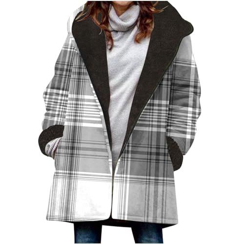 EMATOP Wollmantel Damen Winter Warm Jacke Lässiges Baumwolle Winterjacke mit Kapuze Pufferjacke Leichte Vintage Wintermantel Elegant Langarm Fleecejacke Kariertes Steppjacke Bomberjacke von EMATOP