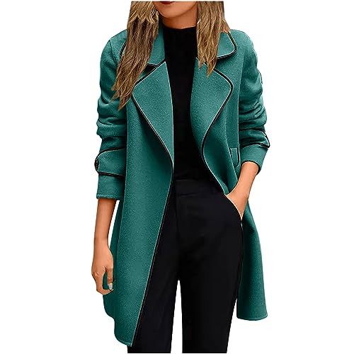 EMATOP Wollmantel Damen Winter Warm Jacke Trenchcoat Elegant Langer Mantel Klassische Revers Wintermantel Baumwolle Einfarbig Windbreaker Winddicht Winterjacke mit Taschen Übergangsjacke Outdoor von EMATOP