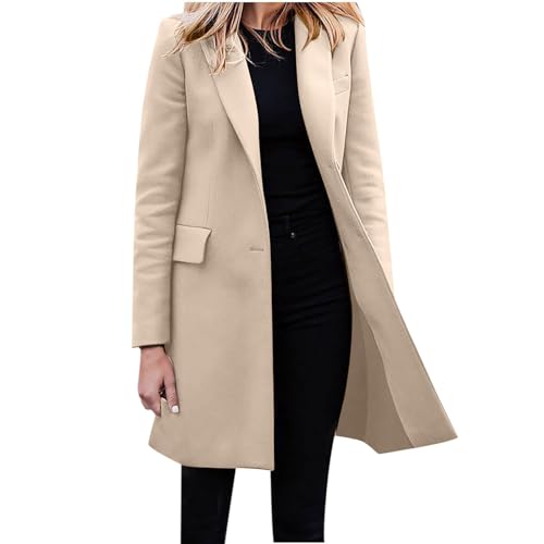 EMATOP Wollmantel Damen Winter Warm Jacke Trenchcoat Elegant Langer Mantel Klassische Revers Wintermantel Baumwolle Einfarbig Windbreaker Winddicht Winterjacke mit Taschen Übergangsjacke Outdoor von EMATOP