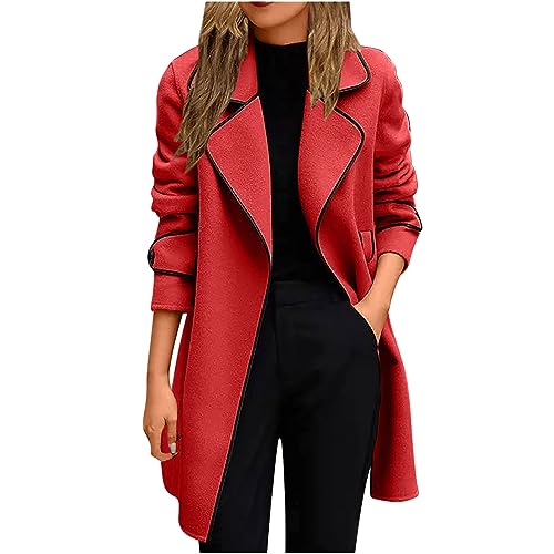 EMATOP Wollmantel Damen Winter Warm Jacke Trenchcoat Elegant Langer Mantel Klassische Revers Wintermantel Baumwolle Einfarbig Windbreaker Winddicht Winterjacke mit Taschen Übergangsjacke Outdoor von EMATOP