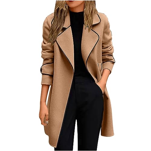 EMATOP Wollmantel Damen Winter Warm Jacke Trenchcoat Elegant Langer Mantel Klassische Revers Wintermantel Baumwolle Einfarbig Windbreaker Winddicht Winterjacke mit Taschen Übergangsjacke Outdoor von EMATOP