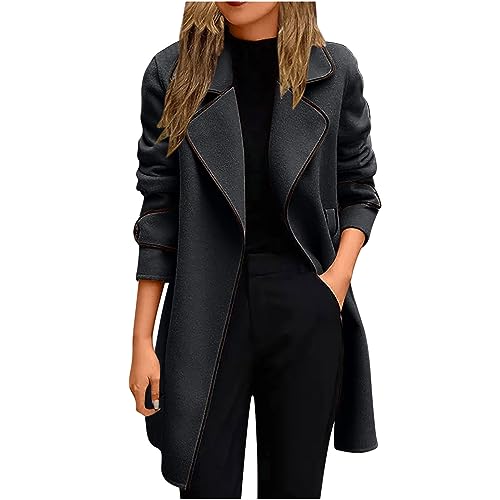 EMATOP Wollmantel Damen Winter Warm Jacke Trenchcoat Elegant Langer Mantel Klassische Revers Wintermantel Baumwolle Einfarbig Windbreaker Winddicht Winterjacke mit Taschen Übergangsjacke Outdoor von EMATOP