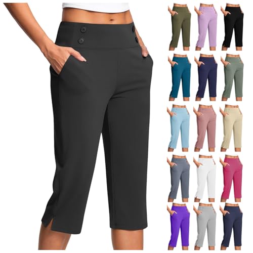 EMATOP Yogahose Damen 3/4 Sommer Hose Casual Sport Caprihose Hohe Taille Elegant Jogginghose Leicht Dreiviertel Hosen Locker Laufhose mit Taschen Sporthose Einfarbig Bequem Sommerhose Wanderhose von EMATOP