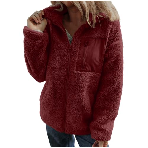 EMATOP Zipper Jacke Damen Warm Teddy Fleecejacke Elegant Langarm Wintermantel Mode Revers Teddyjacke Kuschelig Einfarbig Fellmantel Outdoor Bequem Winterjacke Flauschig Sport Fleecepullover von EMATOP