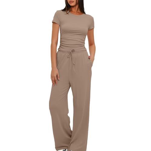 EMATOP Zweiteiler Damen Sommer Elegant Hosenanzug Casual Kurzarm Crop Top + Weite Hose Tracksuit Einfarbig 2 Teiler Jogginganzug Baumwolle Freizeitanzug mit Taschen Sportanzug Trainingsanzug von EMATOP