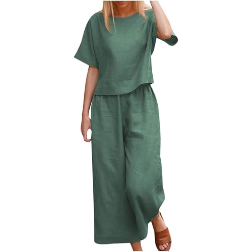 EMATOP Zweiteiler Damen Sommer Leinen Outfit Set Elegant Oberteil Top und Hose Leinenanzug Lässig Einfarbig Tracksuit Baumwolle Freizeitanzug Locker Bequem Sportanzug 2-Teilige Loungewear von EMATOP