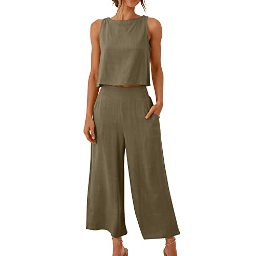 EMATOP Zweiteiler Outfit Damen Elegant 2 Teiler Hosenanzug Sommer Ärmelloses Tank Top und Hose Trainingsanzug Baumwolle Leinen Freizeitanzug mit Taschen Sportanzug Leicht Einfarbig Loungewear von EMATOP