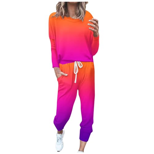 EMATOP Zweiteiler Outfit Damen Langarm Casual Tracksuit Sport Baumwolle Trainingsanzug Sweatshirt und Jogginghose Sportanzug Bunt Farbverlauf Freizeitanzug Taschen Sportswear amazon warehouse deal von EMATOP