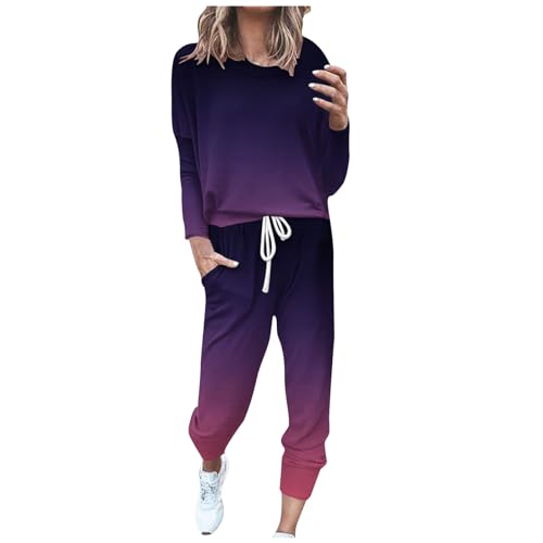 EMATOP Zweiteiler Outfit Damen Langarm Casual Tracksuit Sport Baumwolle Trainingsanzug Sweatshirt und Jogginghose Sportanzug Bunt Farbverlauf Freizeitanzug Taschen Sportswear angebot des tages heute von EMATOP