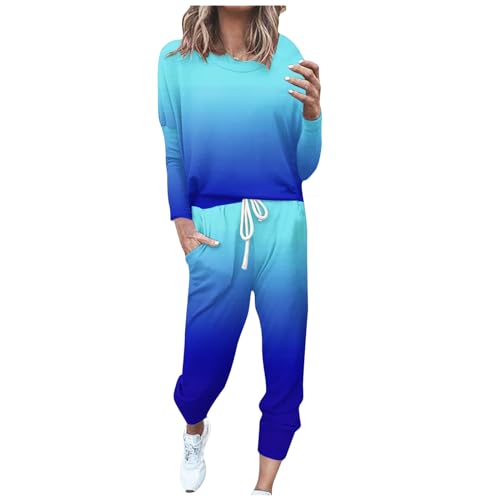 EMATOP Zweiteiler Outfit Damen Langarm Casual Tracksuit Sport Baumwolle Trainingsanzug Sweatshirt und Jogginghose Sportanzug Bunt Farbverlauf Freizeitanzug Taschen Sportswear angebote des tages heute von EMATOP