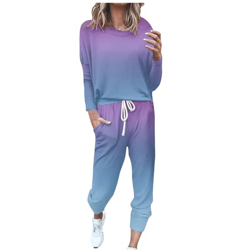 EMATOP Zweiteiler Outfit Damen Langarm Casual Tracksuit Sport Baumwolle Trainingsanzug Sweatshirt und Jogginghose Sportanzug Bunt Farbverlauf Freizeitanzug Taschen Sportswear angebote von EMATOP