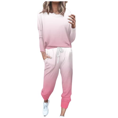 EMATOP Zweiteiler Outfit Damen Langarm Casual Tracksuit Sport Baumwolle Trainingsanzug Sweatshirt und Jogginghose Sportanzug Bunt Farbverlauf Freizeitanzug Taschen Sportswear sale online von EMATOP