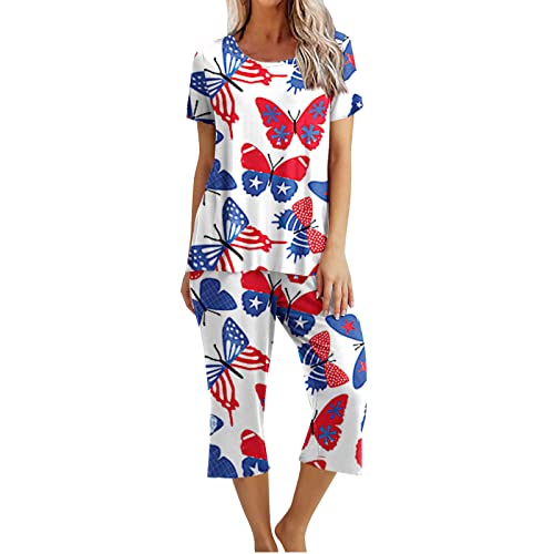 EMATOP Zweiteilige Pyjama Set Damen Elegant Baumwolle Schlafanzug Casual Kurzarm Tshirt und 3/4 Lang Pyjamahosen Nachtwäsche 2-Teilige Oberteil Hose Sleepwear Neuheit Hausanzug Freizeitanzug von EMATOP
