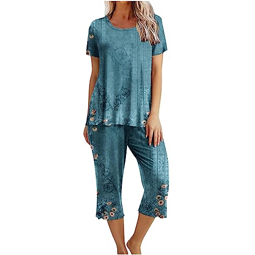EMATOP Zweiteilige Pyjama Set Damen Elegant Baumwolle Schlafanzug Casual Kurzarm Tshirt und 3/4 Lang Pyjamahosen Nachtwäsche 2-Teilige Oberteil Hose Sleepwear Neuheit Hausanzug Freizeitanzug von EMATOP