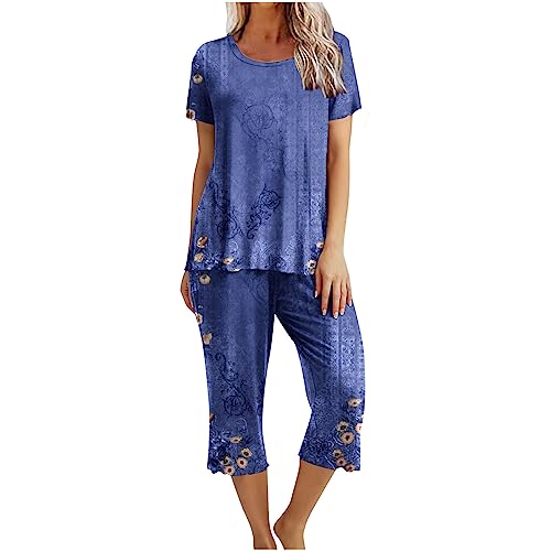 EMATOP Zweiteilige Pyjama Set Damen Elegant Baumwolle Schlafanzug Casual Kurzarm Tshirt und 3/4 Lang Pyjamahosen Nachtwäsche 2-Teilige Oberteil Hose Freizeitanzug blitzangebote des Tages von EMATOP