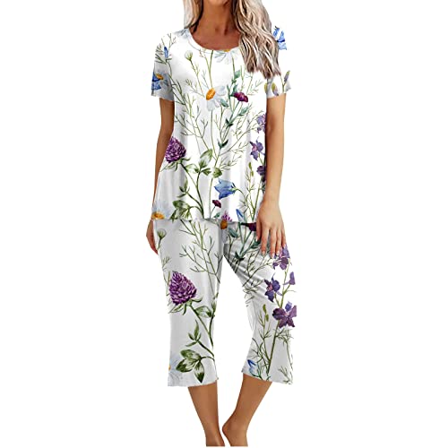 EMATOP Zweiteiliger Nachtwäsche Damen Sommer Schlafanzug Kurz Baumwolle Pyjama Set Vintage Blumen Druck Hausanzug Casual Lose Kurzarm Top mit 3/4 Lang Schlafhose Yoga Outfit Bequem Sleepwear von EMATOP