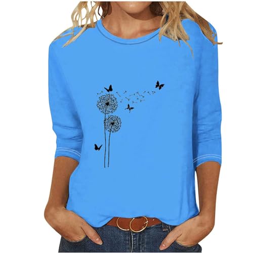 alle Angebote Blusen Damen Sommer 3/4 Arm Oberteile Shirt Elegant Baumwolle Tshirt Casual Rundhals Sportshirt Leicht Gemütlich Tunika Sommershirts Löwenzahn Druck Kurzarm Longshirt von EMATOP