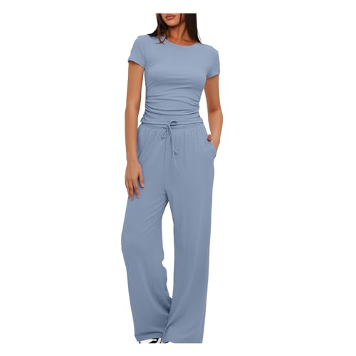 EMATOP Zweiteiler Damen Sommer Elegant Hosenanzug Casual Kurzarm Crop Top + Weite Hose Tracksuit Einfarbig 2 Teiler Jogginganzug Baumwolle Freizeitanzug mit Taschen Sportanzug Trainingsanzug von EMATOP