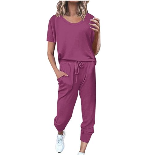 EMATOP Sportanzug Damen Sommer Kurzarm Tracksuit Casual Baumwolle Trainingsanzug 2 Teilig Einfarbig Jogginganzug Lose T-Shirt Top und Hose Freizeitanzug mit Taschen Sportswear für Running Yoga von EMATOP