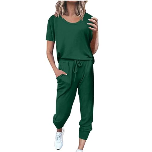 EMATOP amazon warehouse deals angebote Zweiteiler Damen Sport Baumwolle Traingsanzug Einfarbig Lässig Sportanzüge Jogginganzug Kurzarm Top + Lange Hose Sportswear Sommer Laufen Fitnessanzug Hausanzug von EMATOP