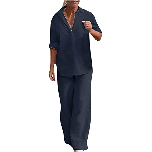 EMATOP angebot Damen Baumwolle Leinen Freizeitanzug Elegant Locker Hosenanzug Sommer Casual Sportanzug Leicht Bluse Tops Weites Bein Tracksuit Anzug Taschen Loungewear von EMATOP