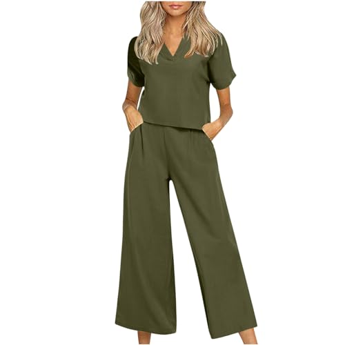 EMATOP angebot Damen Sommer Elegant Hosenanzug Leicht Baumwolle Outfit Set Leinen Einfarbig Freizeitanzug 2 Teiler Bluse Tshirt Lange Hosen Sportanzug Taschen Tracksuit Jogginganzug von EMATOP