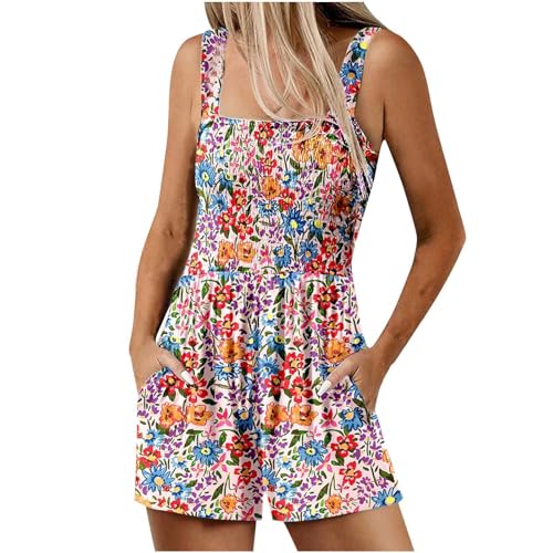 Sommer Kurz Jumpsuit für Damen Elegant Boho Overalls Lässige Ärmellos Latzhose Bunte Blumen Muster Playsuit Baumwolle Locker Einteiler Romper High Waist Arbeitshose mit Taschen Shorts von EMATOP