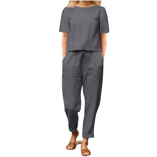 EMATOP Leinen Outfits Damen Leicht Baumwolle Hosenanzug 2 Teiler Bluse Tshirt und Lange Hosen Freizeitanzug Casual Einfarbig Jogginganzug Leicht Atmungsaktiv Sportanzug Lose Elegant Tracksuit von EMATOP