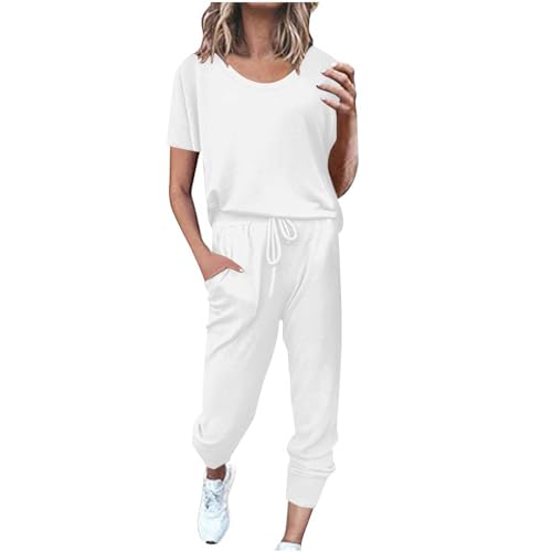 EMATOP angebot des tages Zweiteiler Damen Sport Baumwolle Traingsanzug Einfarbig Lässig Sportanzüge Jogginganzug Kurzarm Top + Lange Hose Sportswear Sommer Laufen Fitnessanzug Sets Hausanzug von EMATOP