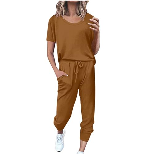 EMATOP angebot des tages heute Damen Sportanzug Set Zweiteiler Sommer Jogginganzug Casual Einfarbig Trainingsanzug Kurzarm Baumwolle Freizeitanzug Rundhals Hausanzug Tops Sporthose Fitness Tracksuit von EMATOP