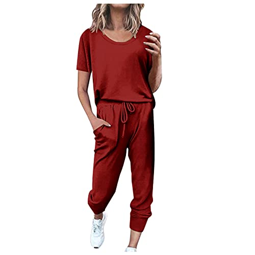 EMATOP angebot des tages heute Jogginganzug Damen Kurz Baumwolle Freizeitanzug Sommer Lässig Sportswear Lang Einfarbig Tracksuit Fitness Running Sportanzug Leicht Zweiteiler Trainingsanzug Hausanzug von EMATOP