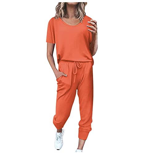 EMATOP angebot des tages heute Sportanzug Damen Sommer Kurzarm Tracksuit Casual Baumwolle Trainingsanzug 2 Teilig Einfarbig Jogginganzug Lose T-Shirt Top und Hose Freizeitanzug Taschen Sportswear von EMATOP