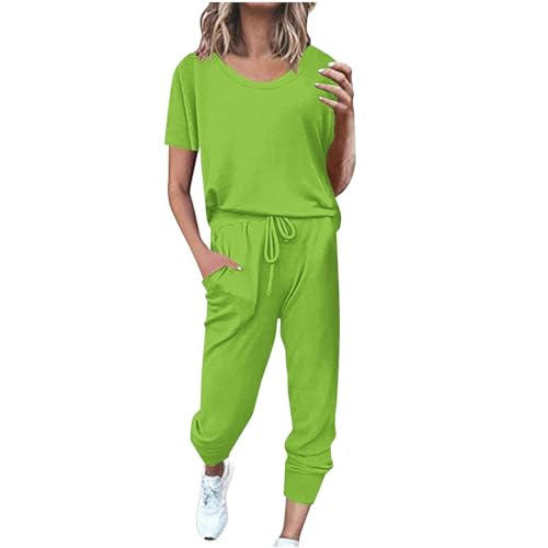 EMATOP angebote 2024 Zweiteiler Damen Sport Baumwolle Traingsanzug Einfarbig Lässig Sportanzüge Jogginganzug Kurzarm Top + Lange Hose Sportswear Sommer Laufen Fitnessanzug Sets Hausanzug von EMATOP