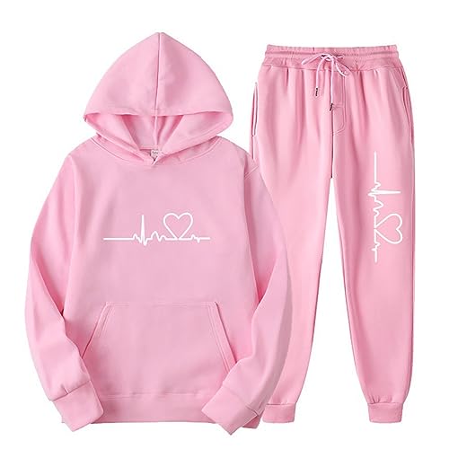 EMATOP angebote Damen Kapuzenpullover und Hosen Freizeitanzug Lässig Sport Tracksuit 2-Teilige Hoodie Lang Hose Freizeitanzug Liebe Muster Sportanzug Trainingsanzug von EMATOP