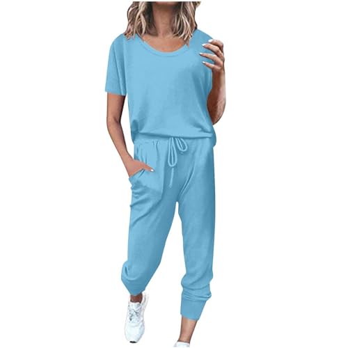 EMATOP angebote Damen Sportanzug Set Zweiteiler Sommer Jogginganzug Casual Einfarbig Trainingsanzug Kurzarm Baumwolle Freizeitanzug Rundhals Hausanzug Tops Sporthose Fitness Tracksuit von EMATOP