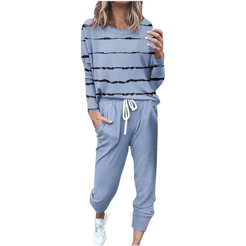 EMATOP angebote Damen Tracksuit Langarm Rundhals Trainingsanzug Casual Zweiteiler Outfit Sport Sweatshirt und Lange Hose Jogginganzug Streifen Sportswear Langarmshirt & Jogginghose von EMATOP