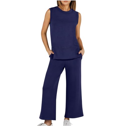 EMATOP angebote des tages heute Leinenanzug Damen Sommer Ärmellos Zweiteiler Outfit Casual Einfarbig Tracksuit Lang Leicht Freizeitanzug Baumwolle Leinen Hosenanzug Elegant Tshirt Hosen Outfits von EMATOP