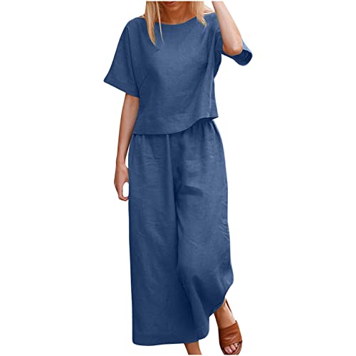 EMATOP Leinen Outfits Damen Leicht Baumwolle Hosenanzug 2 Teiler Bluse Tshirt und Lange Hosen Freizeitanzug Casual Einfarbig Jogginganzug Leicht Atmungsaktiv Sportanzug Lose Elegant Tracksuit von EMATOP