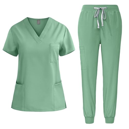 EMATOP Medizinische Uniform Set Damen Medical Schrubb-Set Zweiteiler Business Kasack und Hose Outfit Einfarbig Lässig Pflege Berufsbekleidung 2-Teilige Oberteil Schlupfhose Arbeitskleidung von EMATOP