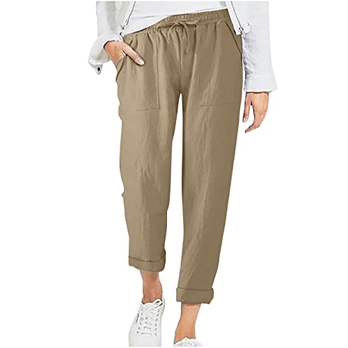 EMATOP Leichte Sommerhose Damen Casual Sport Stoffhose Einfarbig Elegant Haremshose Casual Lose Leinenhose Baumwolle Atmungsaktiv Freizeithose High Waist Sporthose mit Taschen Strandhose von EMATOP