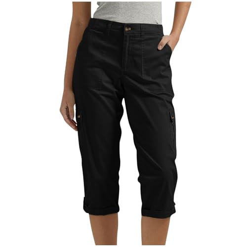 EMATOP Cargohose Damen 3/4 Sommer Hose Casual Lose Wanderhose Leichte Outdoor Sporthose Vintage Einfarbig Jogginghose mit Taschen Freizeithose Elegant Baumwolle Cargo Hosen Bequem Arbeitshose von EMATOP