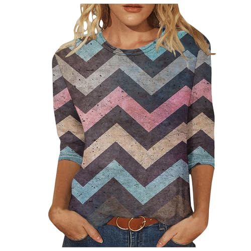 EMATOP befristetes Angebot Heute Damen Bluse Lässige 3/4 Ärmel Tshirt Elegant Baumwolle Tunika Tops Locker Rundhals Sommershirts Bunt Streifen Longshirt Vintage Sport Longbluse Oberteile von EMATOP