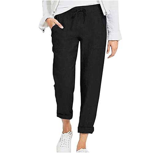 EMATOP befristetes Angebot Heute Leichte Sommerhose Damen Casual Sport Stoffhose Einfarbig Elegant Haremshose Casual Lose Leinenhose Baumwolle Atmungsaktiv Freizeithose High Waist Sporthose von EMATOP