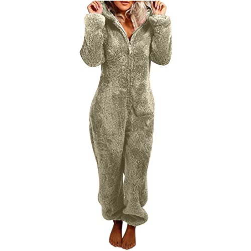 Warmer Fleece Overall Damen Kuschelig Jumpsuit Plüsch Schlafanzug Elegant Einteiler Onesie Langarm Einfarbig Pyjama Flauschig Lang Schlafoverall mit Kapuze & Reißverschluss Hausanzug von EMATOP